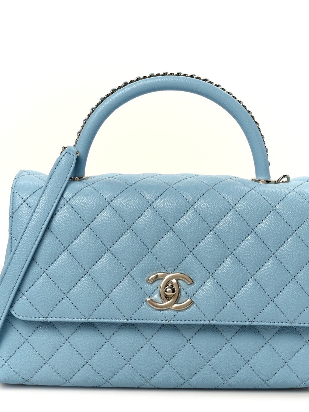CHANEL Baby Blue Quilted Leather Top Handle Satchel with Silver CC